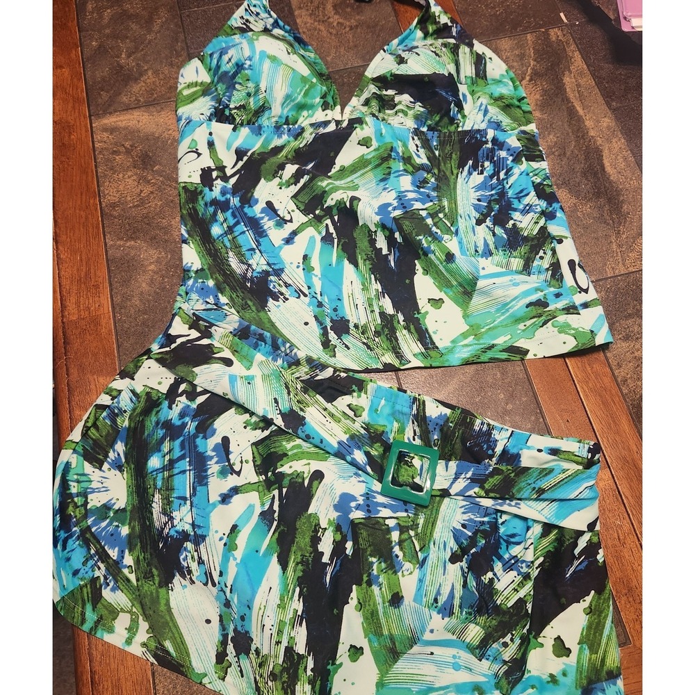 Sunsets 2‎ Piece Swim Set Tankini Top Skirt Bottom XL 38D Geometric Blue Green